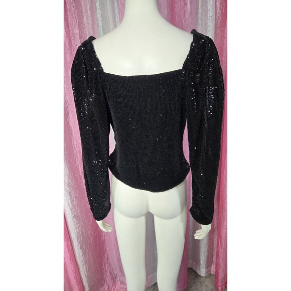 Express Black Sequin Rouched Stretch Evening Blouse Size Large - Picture 8 of 16